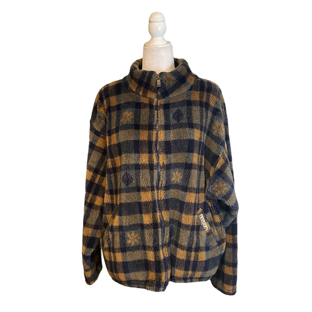 Kanata Made in Canada Gingham Fleece Maple Leaf Brown Black Zip Up Jacket Large